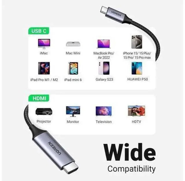 Alt view image 3 of 7 - 6.6FT USB-C to HDMI 4K@60Hz Cable, Thunderbolt 3/4 Compatible Type-C to HDMI Cord, Plug-and-Play Video Adapter for iPhone 16 Series, MacBook, iPad Pro, XPS, Galaxy S24, Steam Deck, Ideal for Home Thea