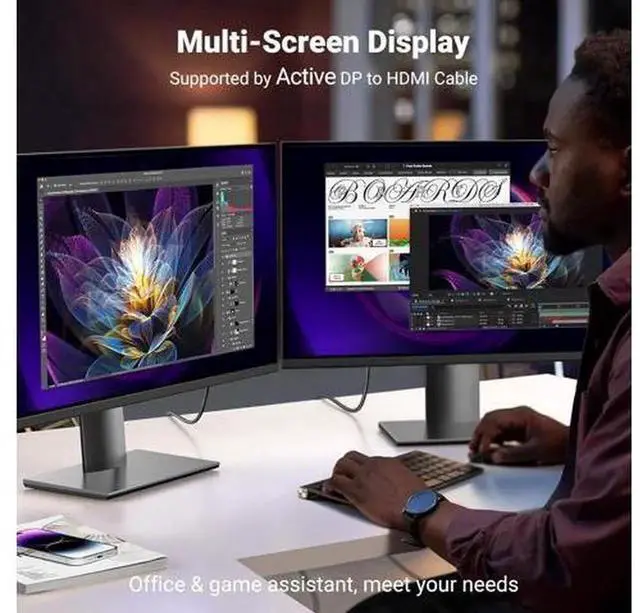 Alt view image 4 of 7 - UGREEN Active DP 1.2 to HDMI 2.0 Cable, Uni-Directional Braided Aluminum 4K@60Hz HDR DisplayPort to HDMI Cord, Stable Video Converter Wire Compatible with Monitors, Projectors, Dell, Lenovo, HP Laptop