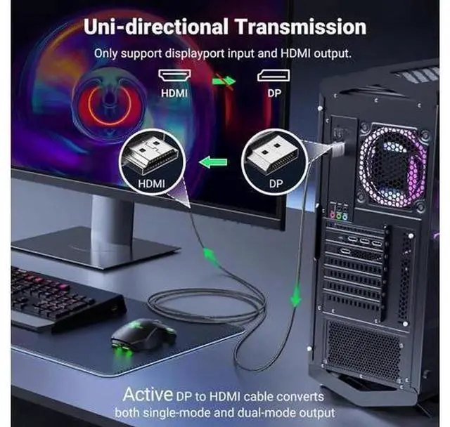 Alt view image 2 of 7 - UGREEN Active DP 1.2 to HDMI 2.0 Cable, Uni-Directional Braided Aluminum 4K@60Hz HDR DisplayPort to HDMI Cord, Stable Video Converter Wire Compatible with Monitors, Projectors, Dell, Lenovo, HP Laptop
