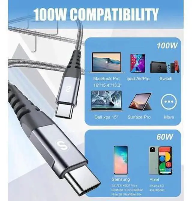 Alt view image 7 of 7 - 2 Pack 10ft 100W USB C to USB C Charging Cable, sweguard 5A Super Fast Charging Nylon Braided Type-C Cord for MacBook Pro, iPad Air 4, iPad Pro, Samsung Galaxy S21 S20 Note 20 Series