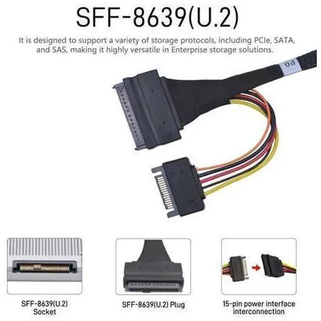 Alt view image 6 of 6 - 40cm 1.3FT PCIe 5.0 MCIO x8 to Dual SFF-8639 U.2 NVMe SSD Cable, 32GT/s High Speed Storage Wire with Independent 15Pin SATA Power Cord for Data Center Servers, HPC Workstations & Hot-Swap NVMe Drives