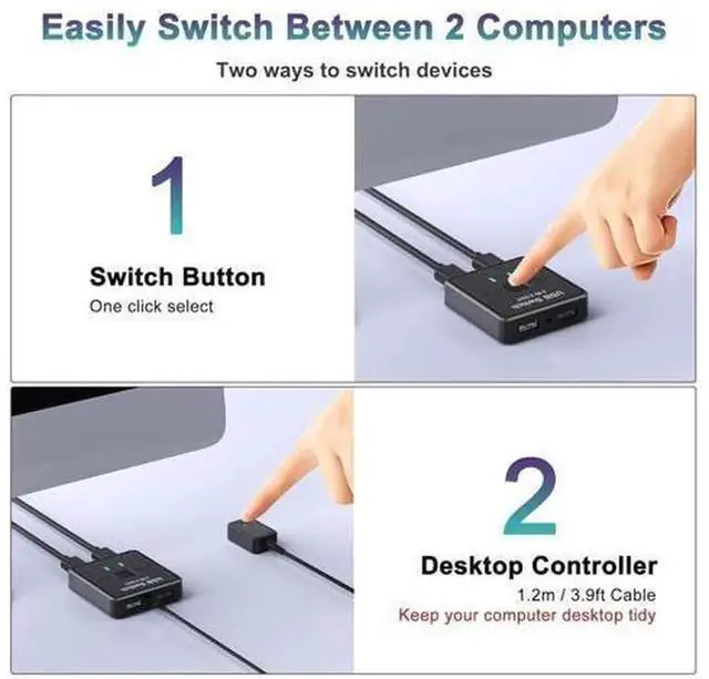 Alt view image 3 of 7 - 2 In 2 Out USB Switch Selector Box with Wired External Controller & 2 USB Cables, Share Keyboard Mouse Printer Scanner Webcam Between 2 Computers, Compatible with Apple MacBook Dell HP Lenovo A