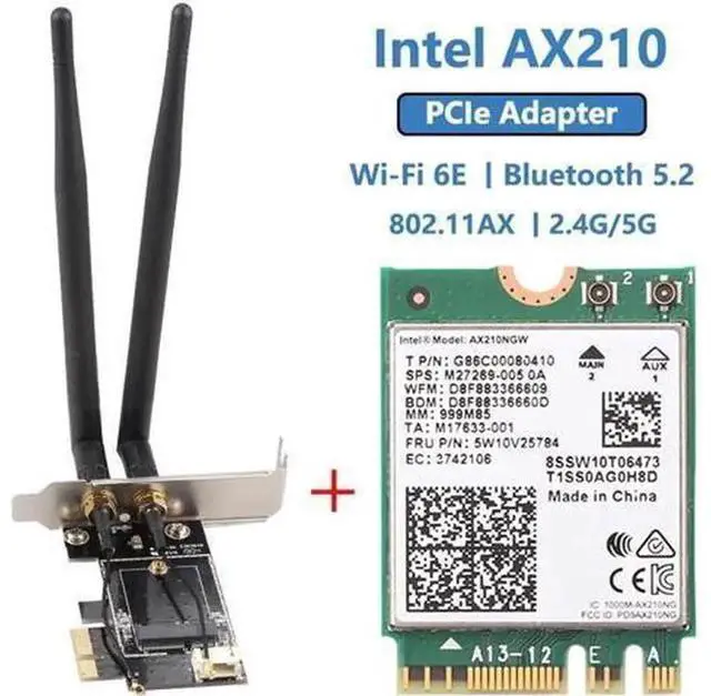 Main image of PCIe WiFi 6E Intel AX210 Desktop Wireless Adapter, 3000Mbps 802.11ax Network Card with Bluetooth 5.2, Tri-Band 2.4G/5G/6G, AX210NGW Module Compatible with Windows 10/11 & Linux for Gaming Streaming On