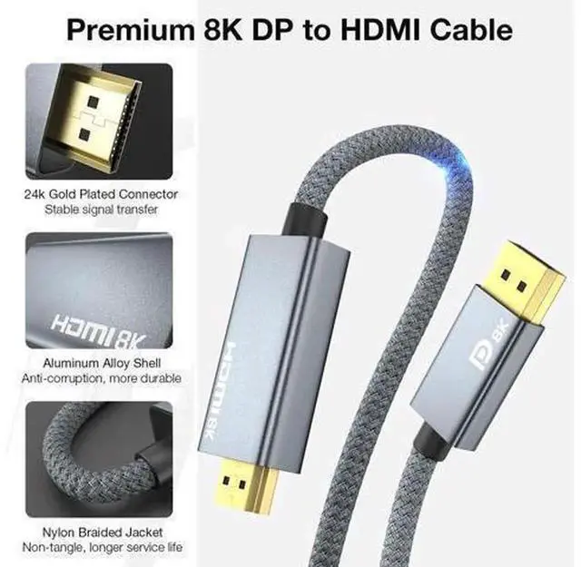 Alt view image 6 of 7 - 6.6ft DP 1.4 to HDMI 2.1 Cable Support 8K60Hz, 4K 120Hz/144Hz, 2K 240Hz, Dynamic HDR Dolby Vision HDCP2.3 DSC 1.2a, DisplayPort to HDMI Video Cord Compatible with PC HP Dell AMD NVIDIA Graphics Card M