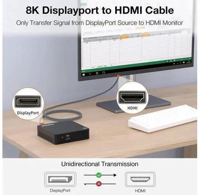 Alt view image 2 of 7 - 6.6ft DP 1.4 to HDMI 2.1 Cable Support 8K60Hz, 4K 120Hz/144Hz, 2K 240Hz, Dynamic HDR Dolby Vision HDCP2.3 DSC 1.2a, DisplayPort to HDMI Video Cord Compatible with PC HP Dell AMD NVIDIA Graphics Card M