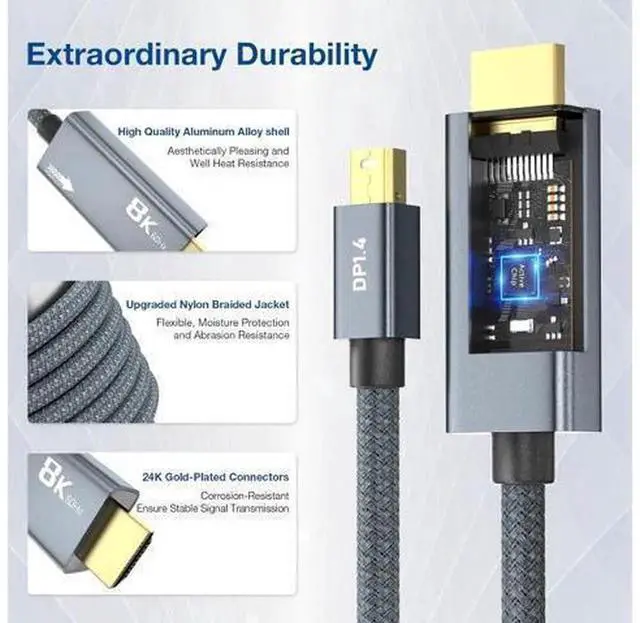 Alt view image 5 of 7 - 6.6FT Mini DisplayPort to HDMI 2.1 Cable, 8K@60Hz Mini DP to HDMI Cord Support 4K@120Hz 2K@240Hz HDR VRR FreeSync Dolby Vision Compatible with Thunderbolt 2, iMac, Surface Pro Dock, Monitor, Graphics