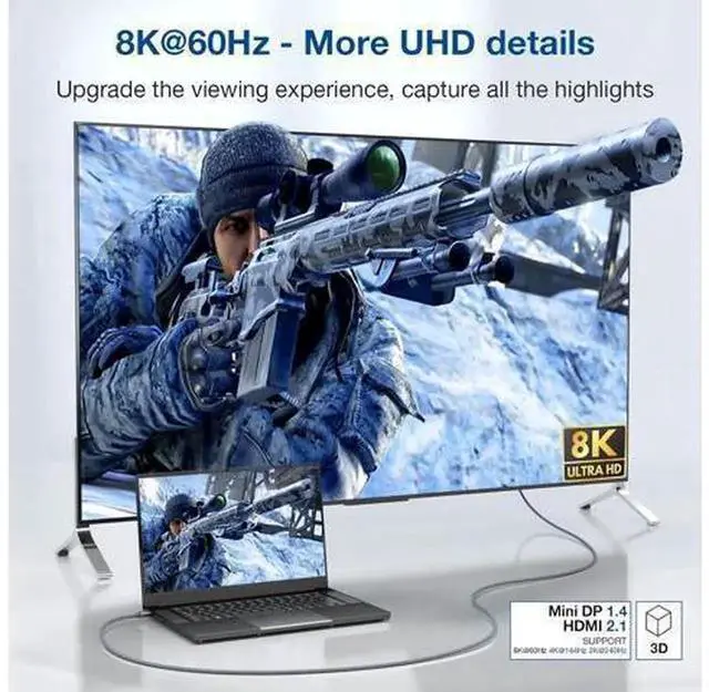 Alt view image 7 of 7 - 6.6FT Mini DisplayPort to HDMI 2.1 Cable, 8K@60Hz Mini DP to HDMI Cord Support 4K@120Hz 2K@240Hz HDR VRR FreeSync Dolby Vision Compatible with Thunderbolt 2, iMac, Surface Pro Dock, Monitor, Graphics