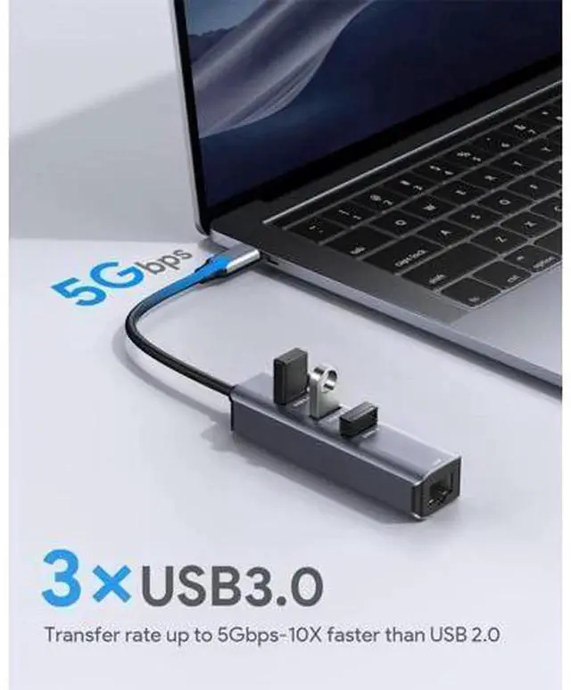 Alt view image 4 of 6 - USB C Gigabit Ethernet Adapter, Thunderbolt 3 Type-C to RJ45 LAN Network Dongle Compatible with MacBook Pro/Air, Dell XPS, Laptops, Tablets
