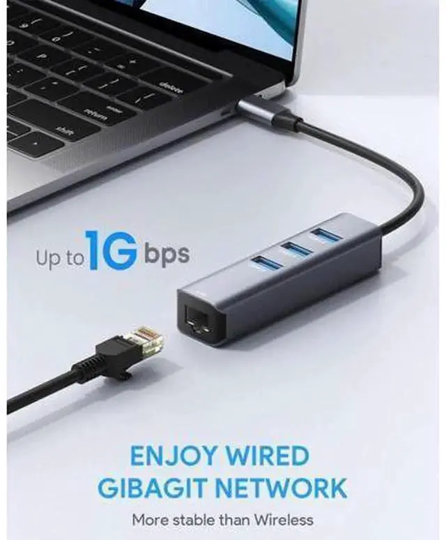 Alt view image 3 of 6 - USB C Gigabit Ethernet Adapter, Thunderbolt 3 Type-C to RJ45 LAN Network Dongle Compatible with MacBook Pro/Air, Dell XPS, Laptops, Tablets