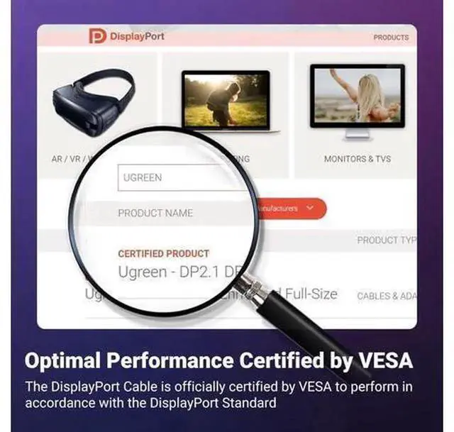 Alt view image 7 of 7 - UGREEN DisplayPort 2.1 Cable VESA Certified 40Gbps DSC 1.2a, Supports 16K@30Hz, 8K@240Hz, 4K@240Hz HDR HDCP, Braided DP Cord FreeSync G-Sync for GPU Monitor, 6.6FT