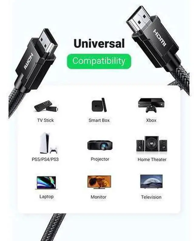 Alt view image 6 of 7 - UGREEN Certified HDMI 2.1 Cable 16FT, 48Gbps Ultra High Speed Braided HDMI Cord, Supports 8K@60Hz, 4K@120Hz, Dynamic HDR & eARC, Compatible with PS5, Xbox Series, Switch, Roku, 8K Smart TV