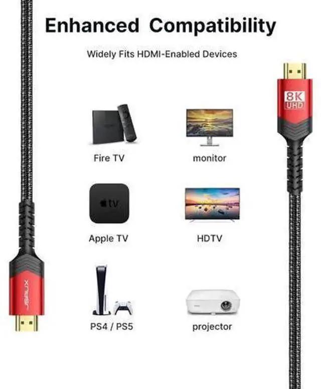 Alt view image 3 of 6 - 2 Pack 1.8M HDMI 2.1 Braided Cable, 48Gbps Ultra High Speed HDMI Cord, Supports 8K@60Hz, 4K@120Hz/144Hz, Dynamic HDR eARC DTS:X, Compatible with PS5 PS4 Laptop UHD TV Gaming Monitor