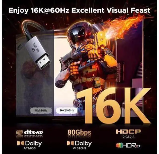Alt view image 2 of 7 - UGREEN DP 2.1 DisplayPort Cable 6.6FT, 80Gbps Ultra High Speed Aluminum Braided DP Cord, Supports 16K@60Hz, 8K@240Hz, 4K@480Hz, HDR HDCP2.3 DSC1.2a FreeSync G-Sync, Compatible RTX 5090/4090 GPU Gaming