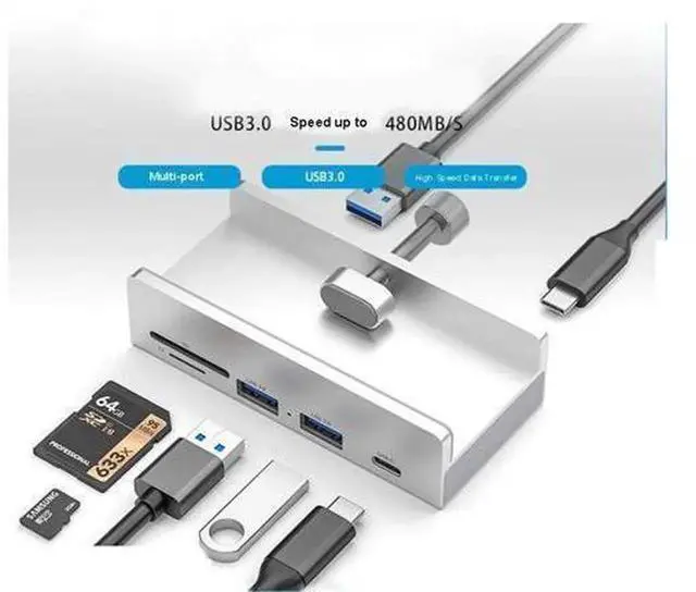 Alt view image 5 of 5 - RAMAHP Clamp-On USB 3.0 Hub, Aluminum 4-Port USB Splitter with Independent Power Supply Port, Clip-on Desktop USB Expander Fits Desk & Monitor Edge, Black