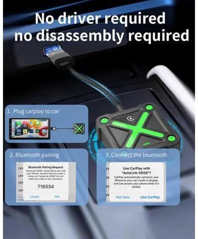 Alt view image 3 of 5 - Green Mini Wireless CarPlay Adapter for iPhone iOS 10+, Bluetooth Wireless Dongle Convert Factory Wired CarPlay to Wireless, Plug & Play Low Latency Car Play USB Adapter for Vehicles with OEM Wired