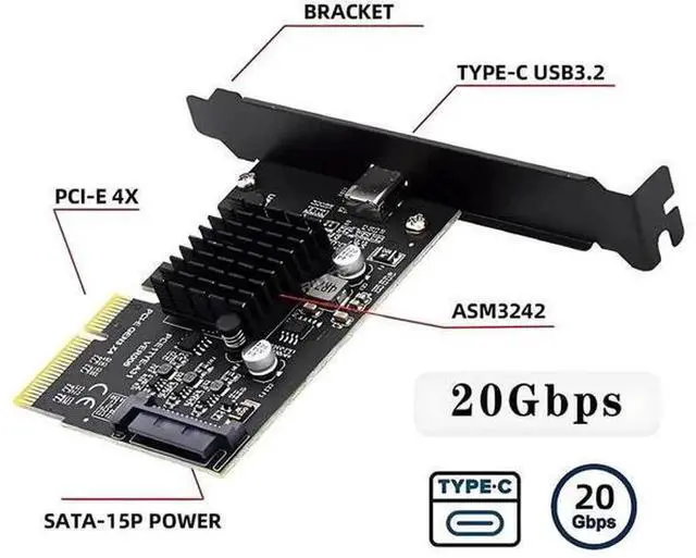 Alt view image 7 of 7 - PCIe 4X to USB 3.2 Gen2x2 Type-C Expansion Card, 20Gbps Data Only PCI Express Adapter with Low Profile Bracket for Desktop PC, Support Windows macOS Linux