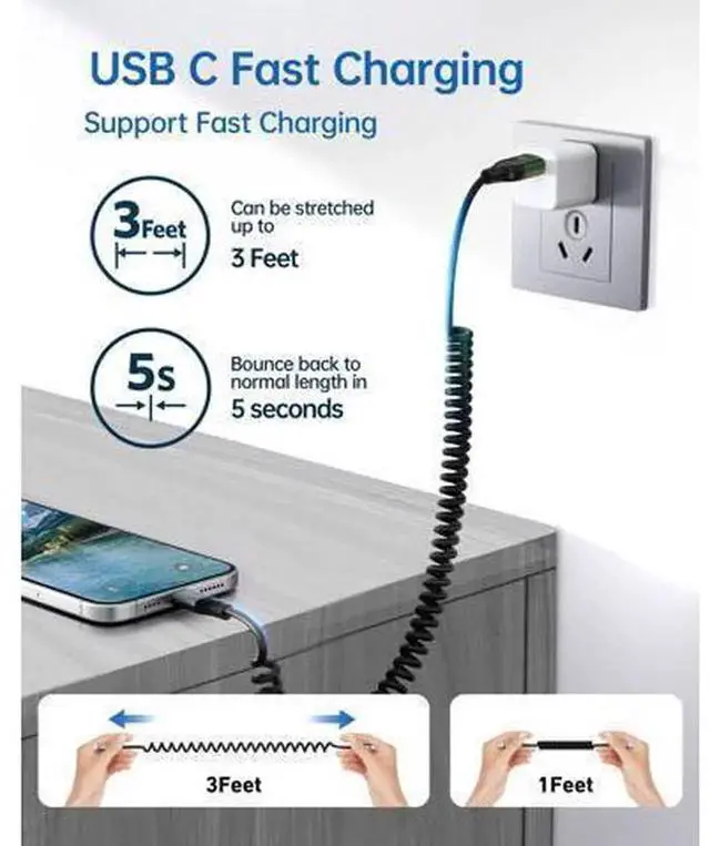 Alt view image 2 of 5 - 2 Pack 6FT Coiled USB A to USB C Car Charging Cable, Fast Charging Retractable Type C Cord Compatible with iPhone 15/16/17 Pro Max, Samsung Galaxy S20/S10/S9/S8/Note Series & All USB-C Devices