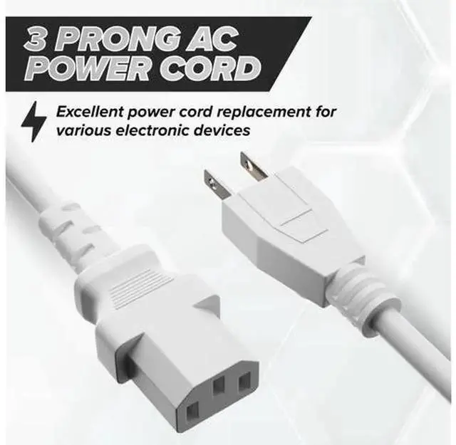 Alt view image 4 of 7 - 15FT White 3 Prong C13 AC Power Cord, NEMA 5-15P to IEC C13 4M Replacement Power Supply Cable for Desktop PC, Medical Equipment & Server
