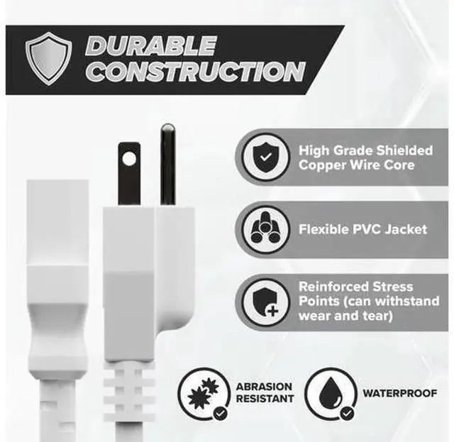 Alt view image 3 of 7 - 15FT White 3 Prong C13 AC Power Cord, NEMA 5-15P to IEC C13 4M Replacement Power Supply Cable for Desktop PC, Medical Equipment & Server