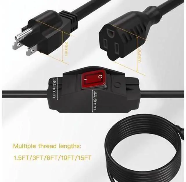 Alt view image 3 of 7 - 3FT Outdoor Waterproof 3-Prong Extension Cord with On/Off Switch, 14/3 SJT 15A 125V 1875W Grounded Power Extension Cable