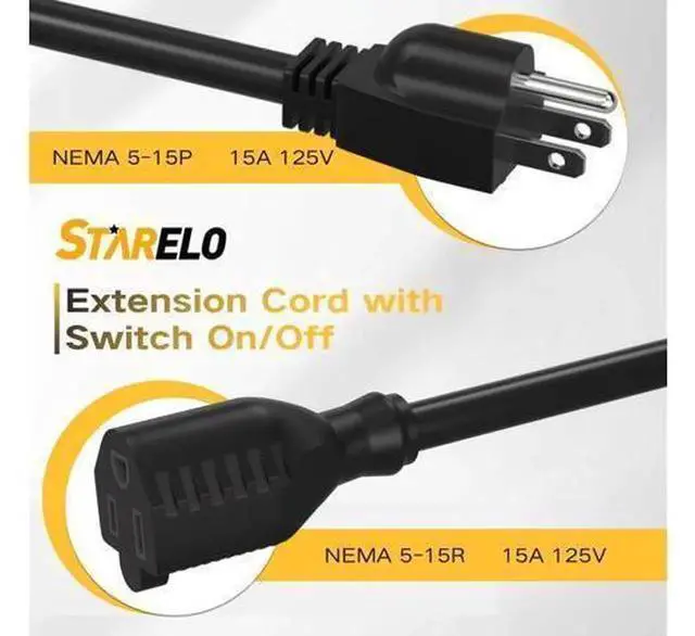 Alt view image 2 of 7 - 3FT Outdoor Waterproof 3-Prong Extension Cord with On/Off Switch, 14/3 SJT 15A 125V 1875W Grounded Power Extension Cable