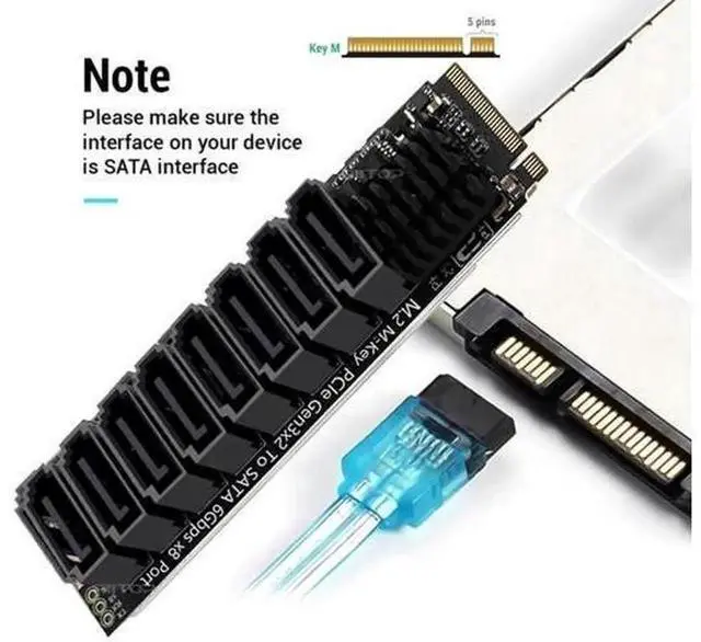 Alt view image 7 of 7 - 8 Port M.2 M Key to SATA 3.0 Expansion Card with ASM1166 Chip, 6Gbps NVMe M.2 to SATA Adapter for Desktop HDD SSD, LED Status Indicator & Full Installation Tools Included