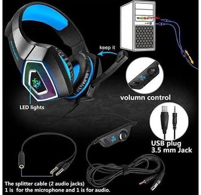 Alt view image 3 of 7 - Blue Over Ear Wired Gaming Headset with Mic & LED Light, 3.5mm Jack Gaming Headphones Compatible with PS4, PC, Mac, Laptop, Nintendo Switch