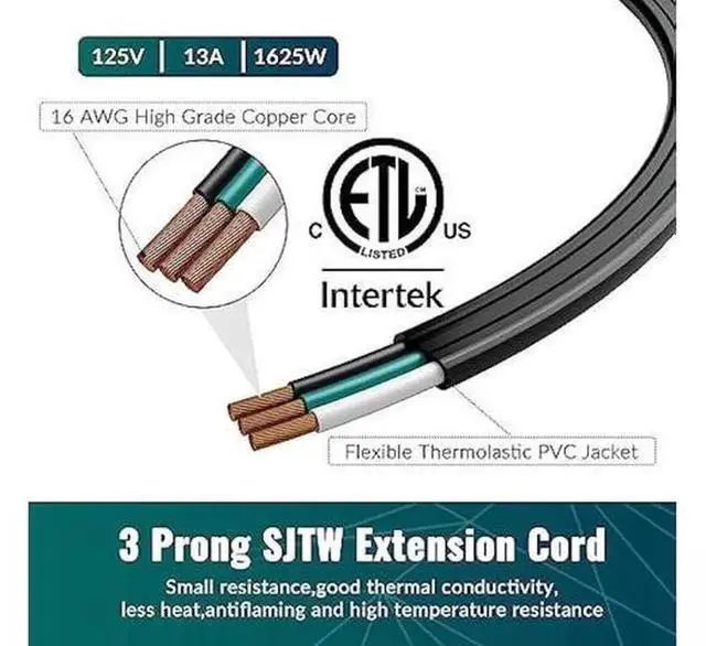 Alt view image 2 of 6 - Elecan 12 FT Flat Plug Extension Cord, 16 Gauge 3 Prong Grounded Low Profile Slim Power Cable, 13A 125V ETL Certified Black Space Saving Extension Wire