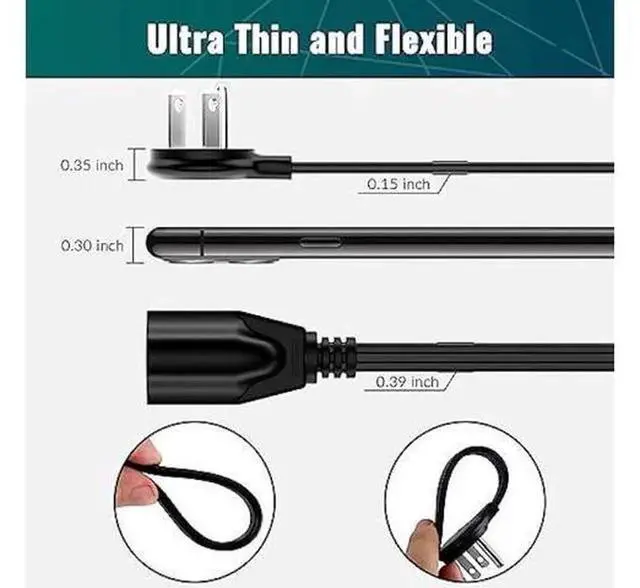 Alt view image 6 of 6 - Elecan 12 FT Flat Plug Extension Cord, 16 Gauge 3 Prong Grounded Low Profile Slim Power Cable, 13A 125V ETL Certified Black Space Saving Extension Wire