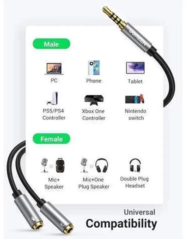 Alt view image 3 of 7 - UGREEN 3.5mm TRRS Headset Splitter Cable, 1 Male to 2 Female Mic & Audio Y Splitter Adapter, Compatible with Switch, PS4, PS5, Steam Deck, Xbox, PC, Laptop, Phone & Tablet Gaming Headsets