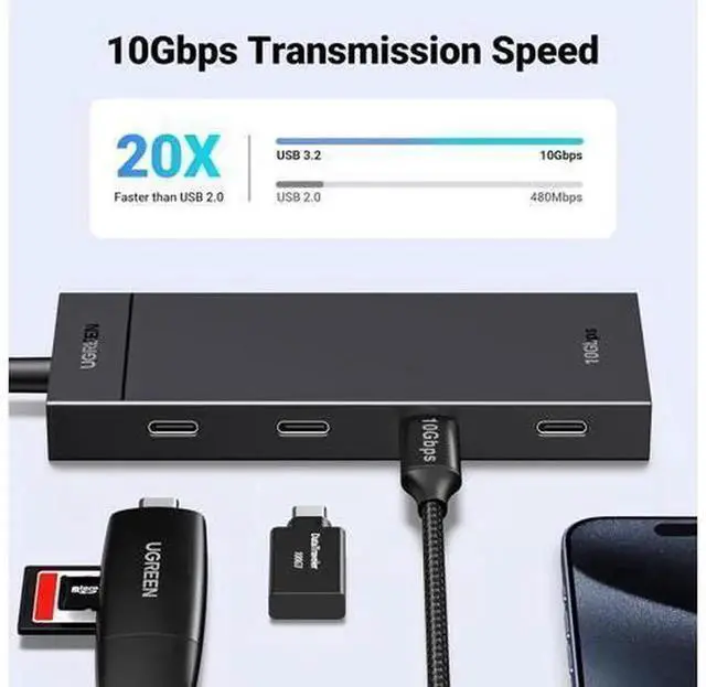 Alt view image 3 of 7 - UGREEN 4-in-1 USB C Hub Splitter, 10Gbps USB 3.2 Gen2 Adapter with 4 USB-C Ports, Portable Type-C Expansion Dock Compatible with MacBook Pro/Air, iPad Pro, iPhone 15 Series, Surface, Laptops and All U