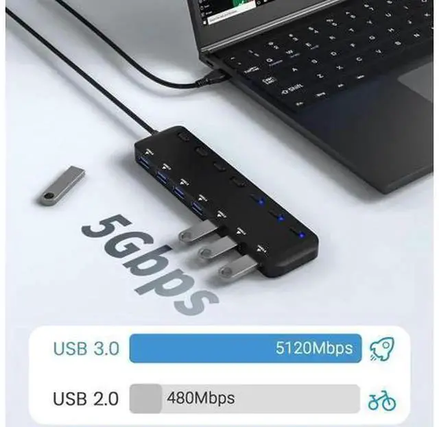 Alt view image 7 of 7 - 7 Port USB 3.0 Hub Splitter, SuperSpeed 5Gbps Multi USB Expander with Individual On/Off Switches & LED Indicators, Universal USB Adapter Compatible with Laptop, PC, MacBook, Windows, Mac OS, Li