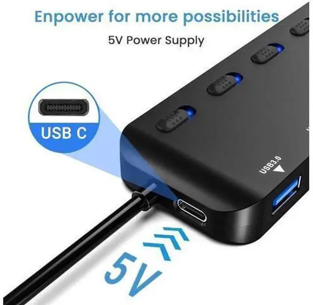 Alt view image 2 of 7 - 7 Port USB 3.0 Hub Splitter, SuperSpeed 5Gbps Multi USB Expander with Individual On/Off Switches & LED Indicators, Universal USB Adapter Compatible with Laptop, PC, MacBook, Windows, Mac OS, Li
