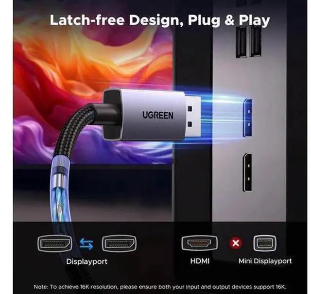 Alt view image 2 of 7 - UGREEN DP 2.1 Cable 10FT, 80Gbps Ultra High Speed DisplayPort 2.1 Cord Support 16K@60Hz, 8K@240Hz, 4K@480Hz, HDR, HDCP2.3, DSC 1.2a, FreeSync & G-Sync, Aluminum Braided DP Cable for RTX 5090/4090 GPU,
