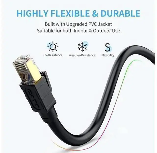 Alt view image 2 of 7 - Cat8 Outdoor Ethernet Cable 50FT Heavy-Duty SFTP Shielded LAN Patch Cord, 26AWG 40Gbps 2000MHz RJ45 Network Cable, Weatherproof Direct Burial & In-Wall Rated High Speed Cat 8 Cable for Gaming