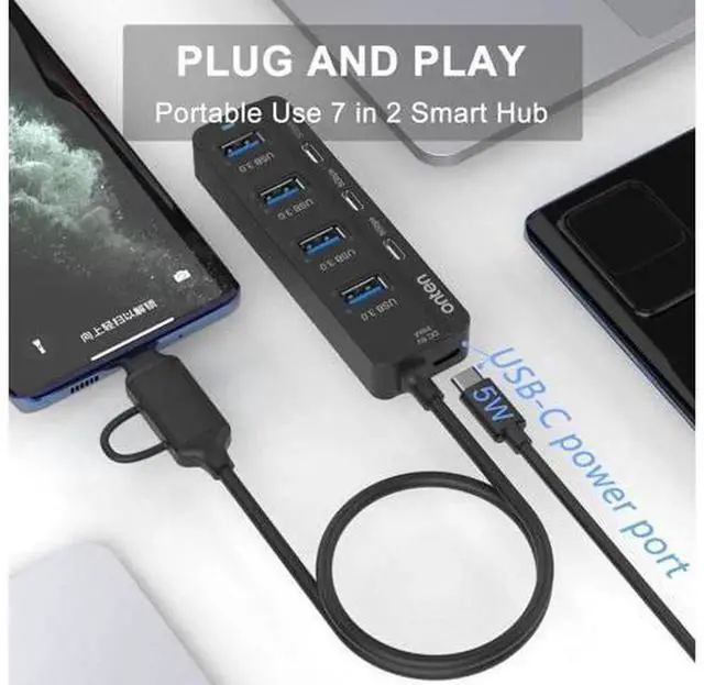 Alt view image 3 of 5 - 7-in-1 USB C Hub with 3.2FT Long Cable, USB C to USB 3.0 Splitter Expander Featuring 4 USB 3.0 + 3 USB-C Ports, High Speed Multi-Port Adapter Compatible with Thunderbolt 3/4, MacBook, Surface Pr