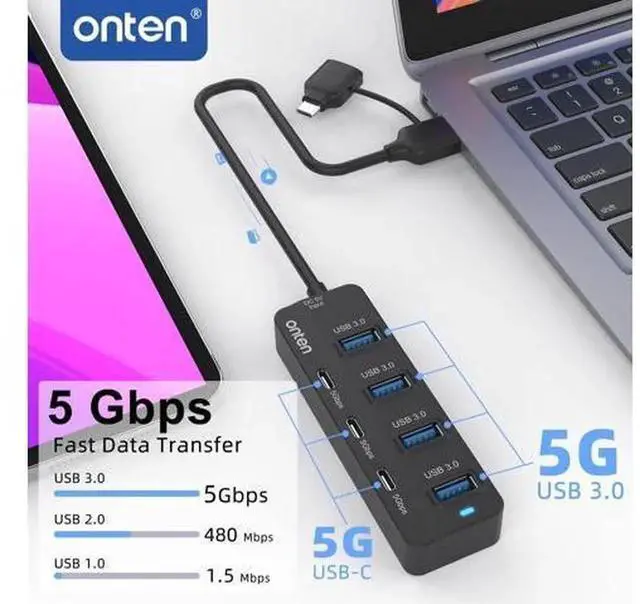 Alt view image 2 of 5 - 7-in-1 USB C Hub with 3.2FT Long Cable, USB C to USB 3.0 Splitter Expander Featuring 4 USB 3.0 + 3 USB-C Ports, High Speed Multi-Port Adapter Compatible with Thunderbolt 3/4, MacBook, Surface Pr