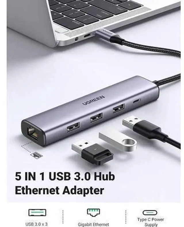 Alt view image 4 of 6 - UGREEN 5-in-1 USB 3.0 Multiport Hub with Gigabit RJ45 Ethernet Port, USB3.0 to LAN Network Adapter with Type-C PD Charging Port, High Speed Docking Station Compatible with MacBook, Surface, XPS, Windo