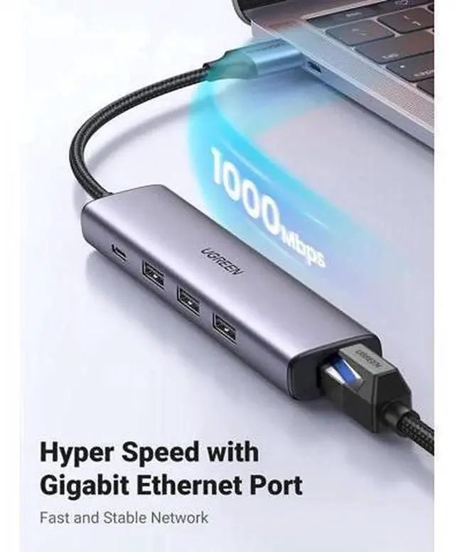 Alt view image 2 of 6 - UGREEN 5-in-1 USB 3.0 Multiport Hub with Gigabit RJ45 Ethernet Port, USB3.0 to LAN Network Adapter with Type-C PD Charging Port, High Speed Docking Station Compatible with MacBook, Surface, XPS, Windo