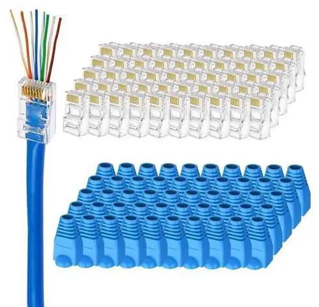 Main image of 50 Pack Cat6 Pass Through RJ45 UTP Connectors with 50 Matching Transparent Strain Relief Boots, Cat6 RJ45 Pass Through Plugs for Solid & Stranded Ethernet LAN Cables, Transparent Network Cable Crimp P