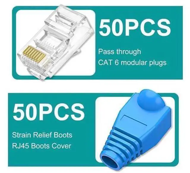 Alt view image 4 of 7 - 50 Pack Cat6 Pass Through RJ45 UTP Connectors with 50 Matching Transparent Strain Relief Boots, Cat6 RJ45 Pass Through Plugs for Solid & Stranded Ethernet LAN Cables, Transparent Network Cable Crimp P