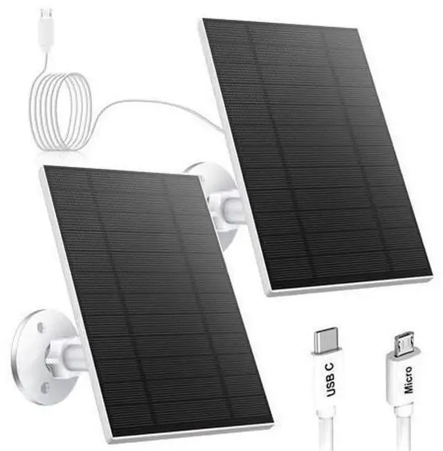 Main image of 2 Pack 5W Solar Panel for Security Camera, DC 5V Solar Charger with Micro USB & USB-C Dual Ports, IP65 Waterproof Outdoor Solar Power Supply, 360° Adjustable Mount Bracket, 9.8FT Extension Cable, Whit