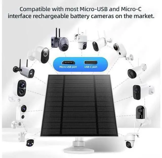 Alt view image 2 of 7 - 2 Pack 5W Solar Panel for Security Camera, DC 5V Solar Charger with Micro USB & USB-C Dual Ports, IP65 Waterproof Outdoor Solar Power Supply, 360° Adjustable Mount Bracket, 9.8FT Extension Cable, Whit