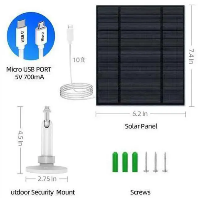 Alt view image 7 of 7 - 2 Pack 5W Solar Panel for Security Camera, DC 5V Solar Charger with Micro USB & USB-C Dual Ports, IP65 Waterproof Outdoor Solar Power Supply, 360° Adjustable Mount Bracket, 9.8FT Extension Cable, Whit