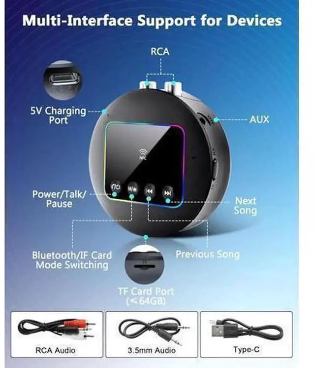 Alt view image 7 of 7 - Bluetooth 5.4 Audio Transmitter Receiver Adapter, 2-in-1 TX RX Wireless Bluetooth Audio Dongle with AUX, RCA, TF Card & NFC Function, Plug and Play Bluetooth Converter for TV, PC, Headphones, P