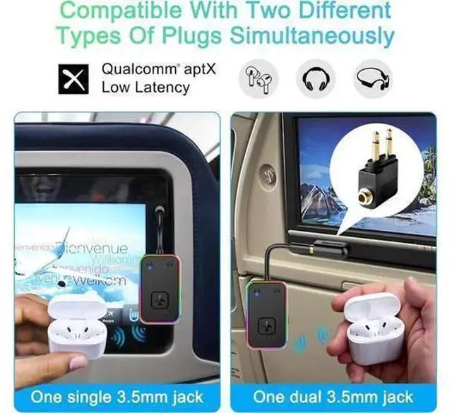Alt view image 6 of 6 - 2024 Upgraded Pro Aircraft Bluetooth 5.4 Audio Transmitter with Metal Frame, aptX Low Latency Wireless Adapter, Simultaneously Connect 2 Headphones/AirPods, Portable Bluetooth Transmitter for In-Fligh