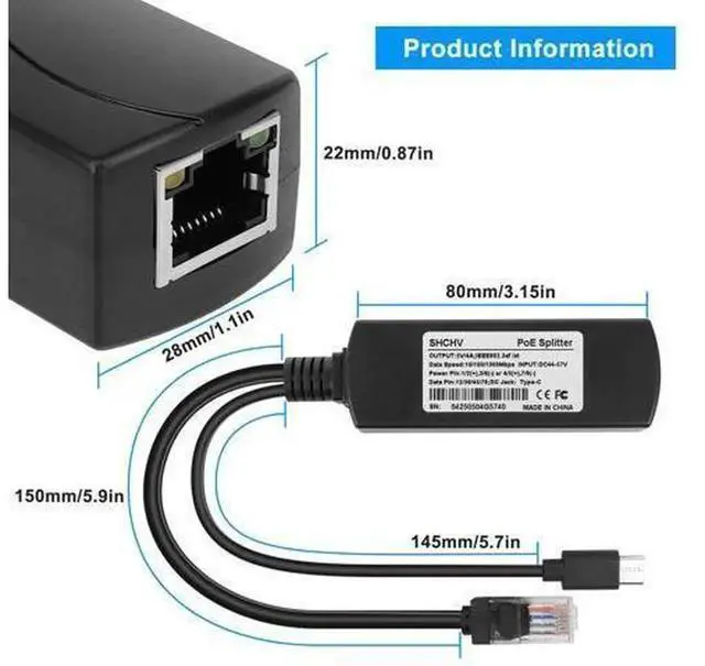 Alt view image 4 of 7 - 5V 4A Gigabit PoE Splitter Type-C Output, IEEE 802.3af/at Compliant 10/100/1000Mbps Power Over Ethernet Adapter, PoE Power Supply Exchanger for Raspberry Pi 5/4, IP Camera, Dropcam, Tablets, 1 Pack