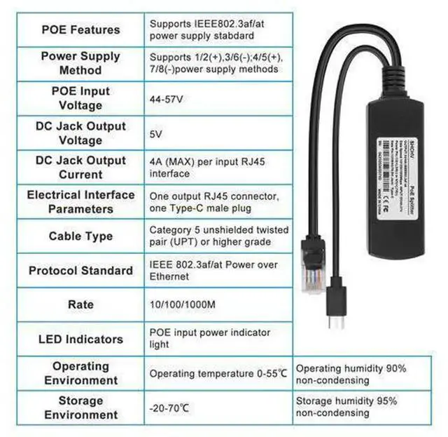 Alt view image 3 of 7 - 5V 4A Gigabit PoE Splitter Type-C Output, IEEE 802.3af/at Compliant 10/100/1000Mbps Power Over Ethernet Adapter, PoE Power Supply Exchanger for Raspberry Pi 5/4, IP Camera, Dropcam, Tablets, 1 Pack