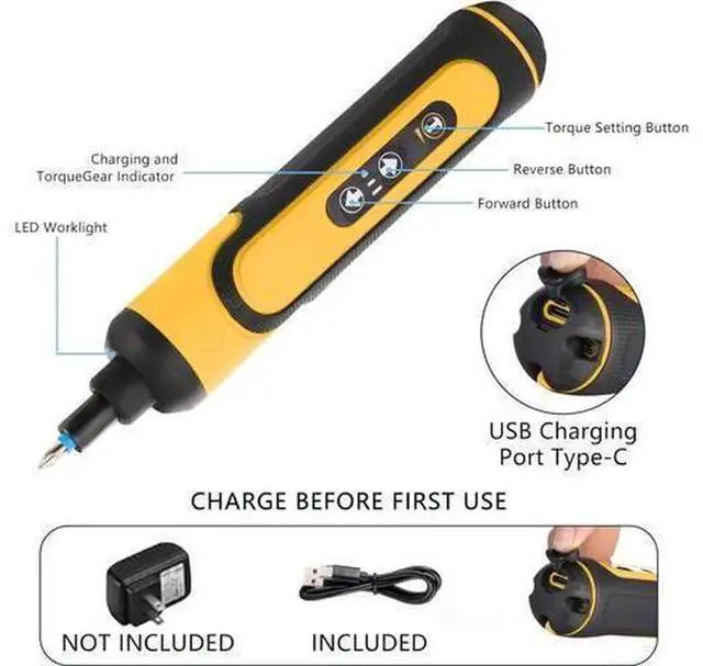 Alt view image 4 of 6 - 4V Rechargeable Cordless Electric Screwdriver Kit, 3 Adjustable Torque Gears with 26 Screwdriver Bits & Extension Rod, USB Charging Portable Power Screwdriver with Storage Case for Furniture Assembly