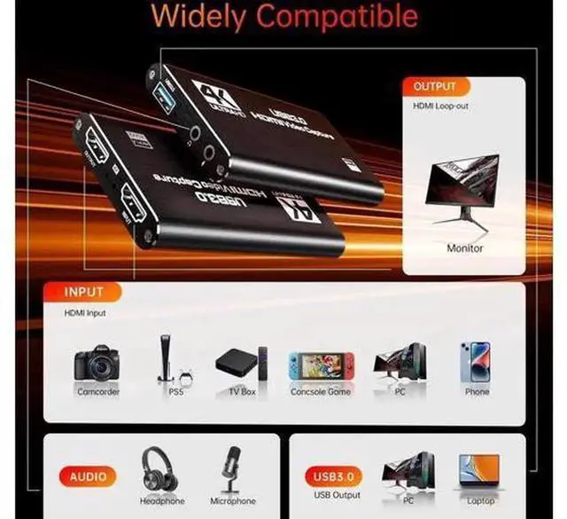 Alt view image 2 of 7 - USB 3.0 HDMI Video Audio Capture Card, 1080P 60FPS Full HD Game Capture Device for Live Streaming, Compatible with Camera, Xbox, PS4, PS5, Switch and PC